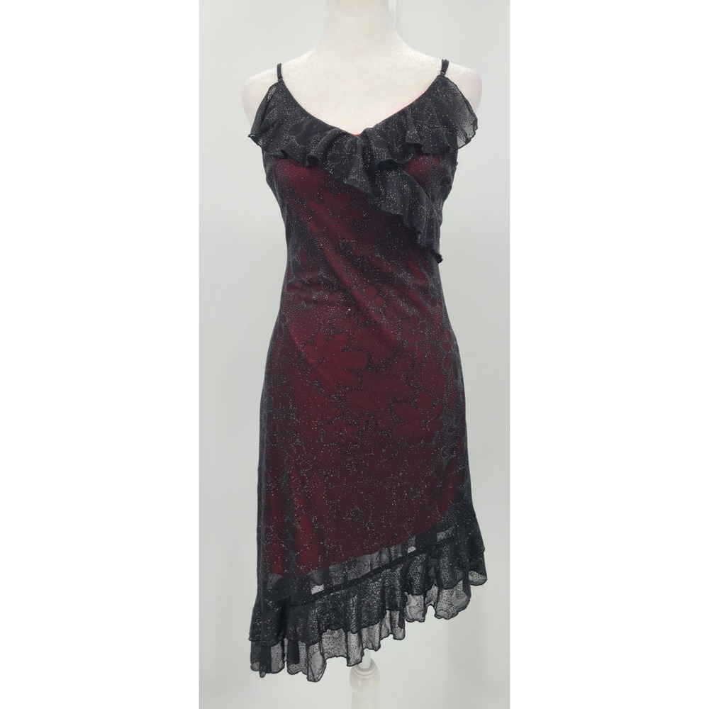 Y2K Vtg Whimsigoth Asymmetric Dress S Tall Glitter Mesh Ruffles City Triangles